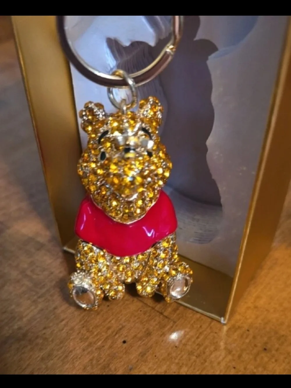 Gold Crystal Bear Keychain with Red Sweater
